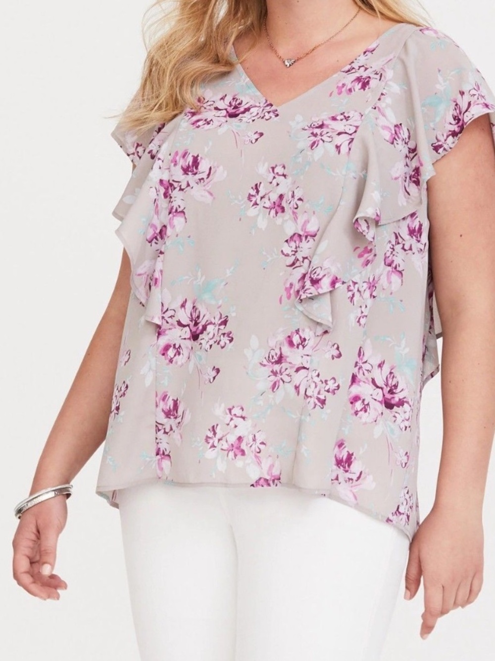 Torrid Grey Lavendar Pink Floral Ruffle Georgette Blouse Size 2
